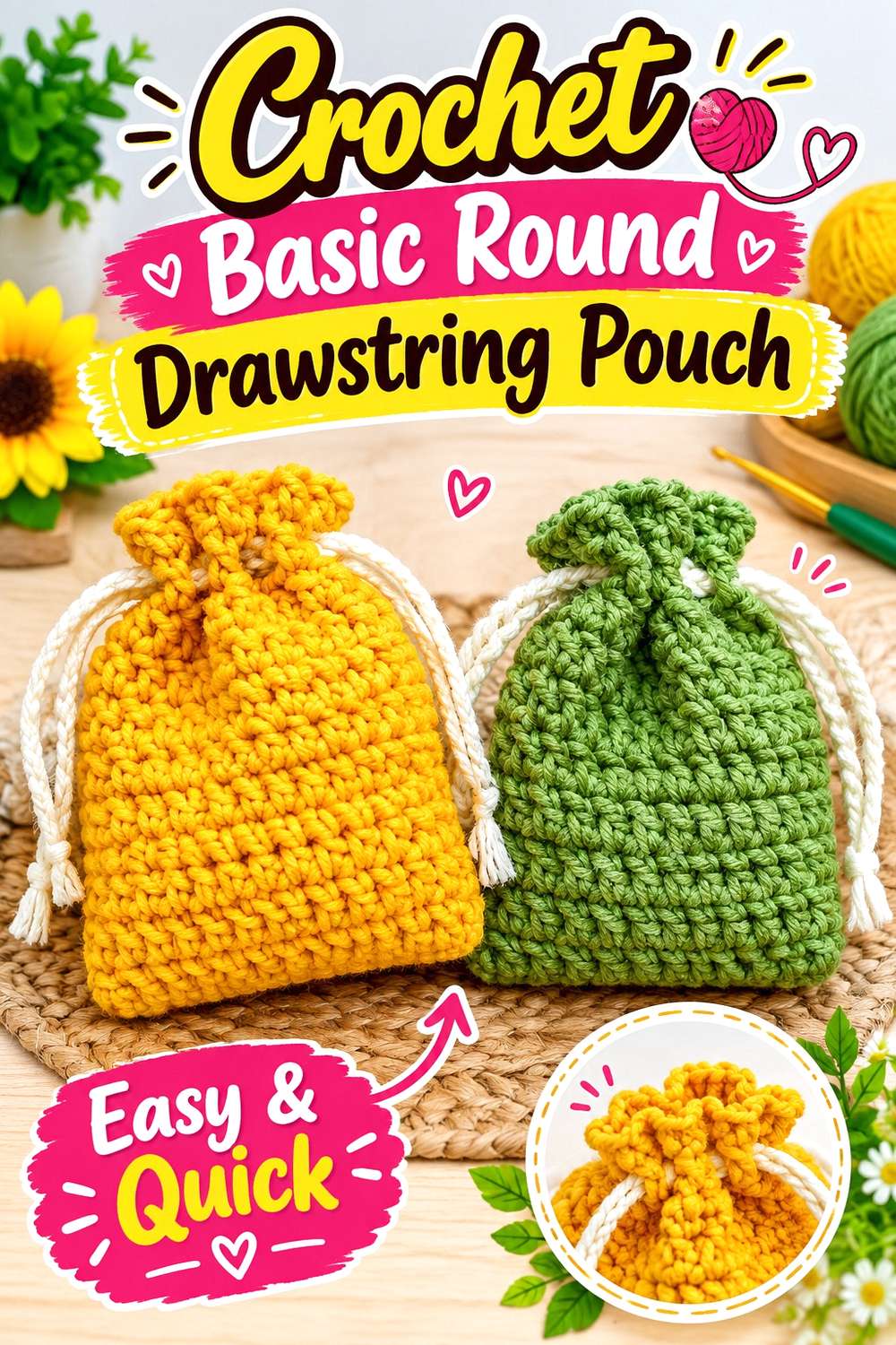 Crochet Basic Round Drawstring Pouch