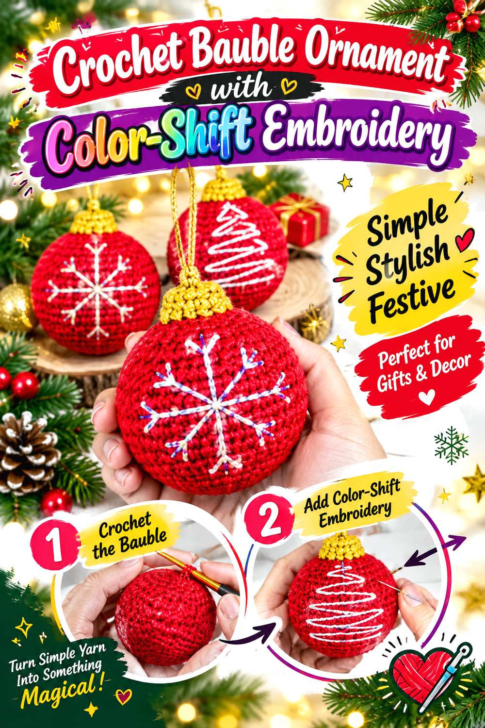 Crochet Bauble Ornament with Color Shift Embroidery