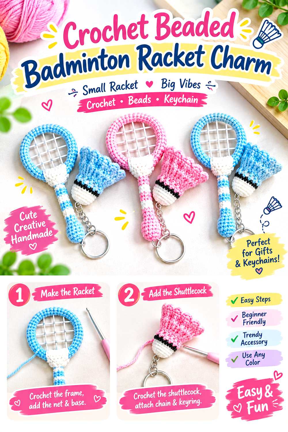 Crochet Beaded Badminton Racket Charm