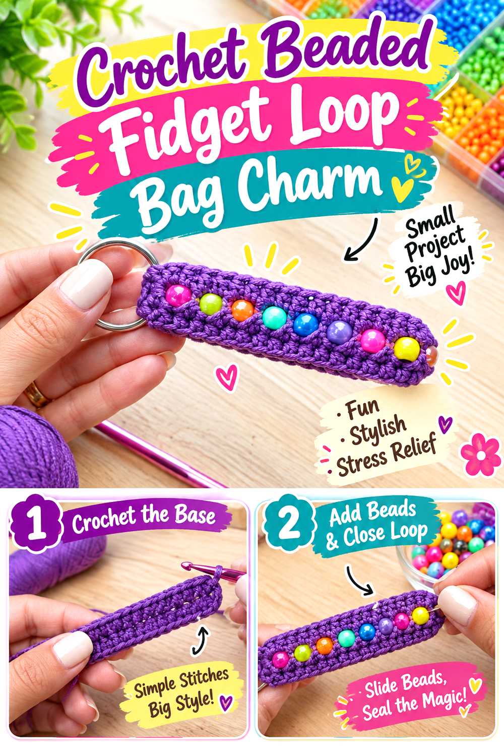 Crochet Beaded Fidget Loop Bag Charm