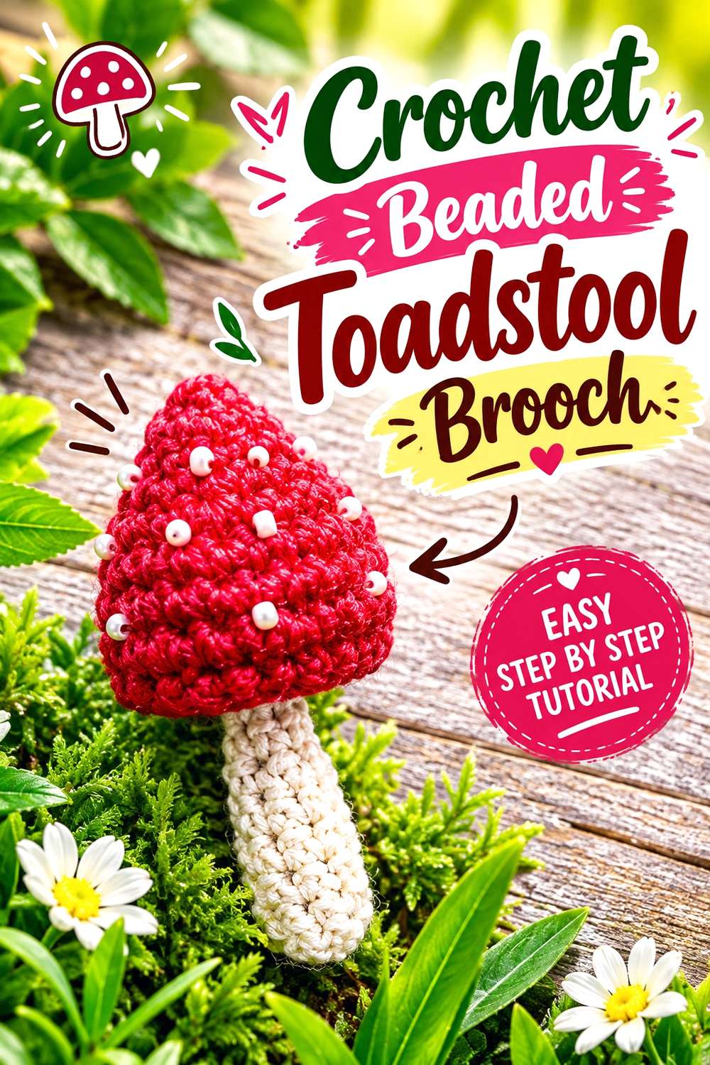 Crochet Beaded Toadstool Brooch