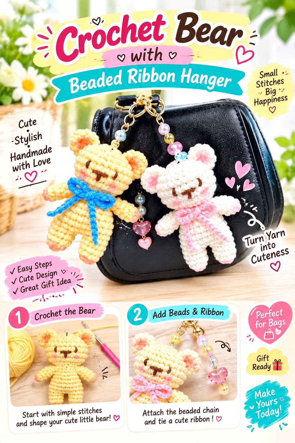 Crochet Bear with Beaded Ribbon Hanger