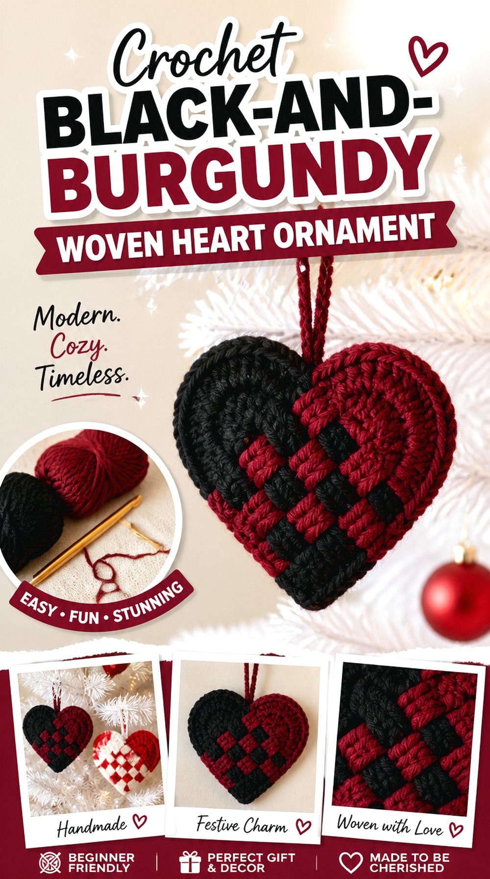 Crochet Black and Burgundy Woven Heart Ornament