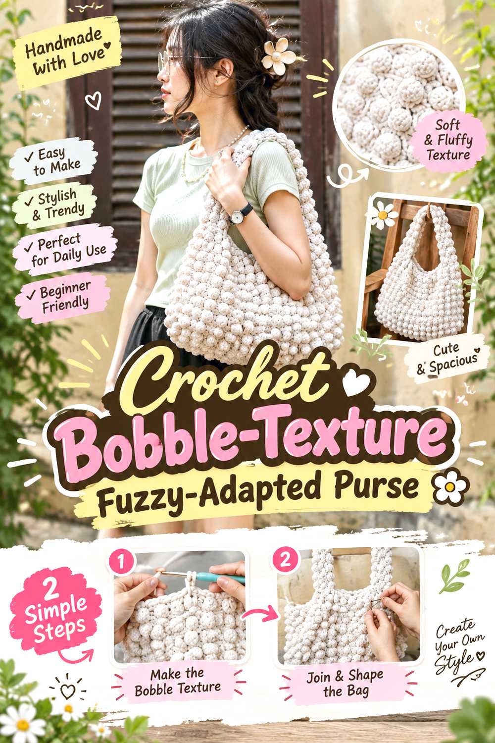 Crochet Bobble Texture Fuzzy Adapted Purse