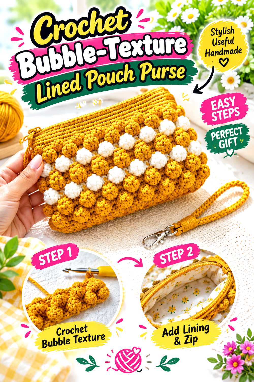 Crochet Bubble Texture Lined Pouch Purse