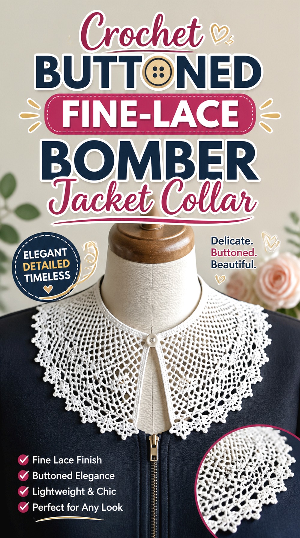 Crochet Buttoned Fine Lace Bomber Jacket Collar