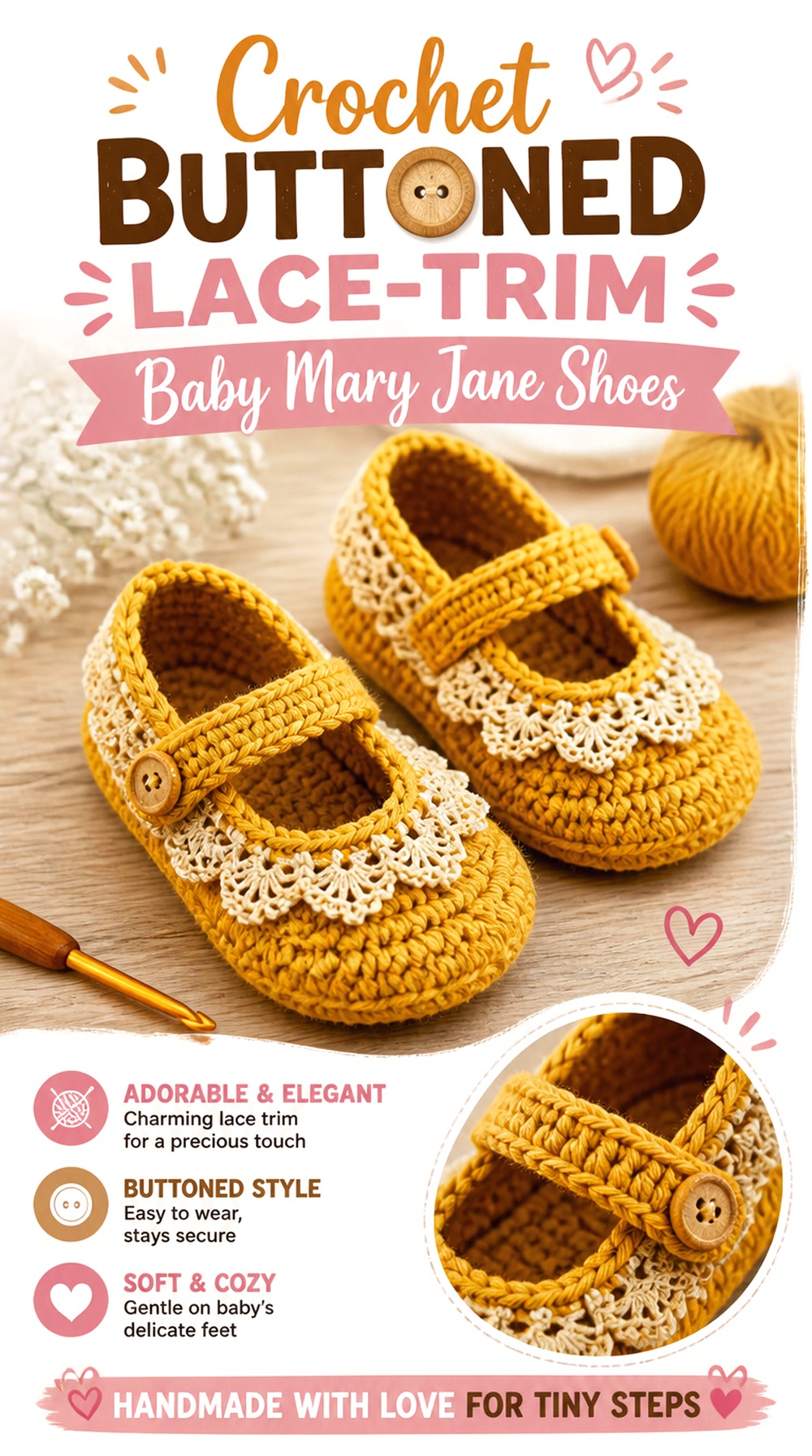 Crochet Buttoned Lace Trim Baby Mary Jane Shoes