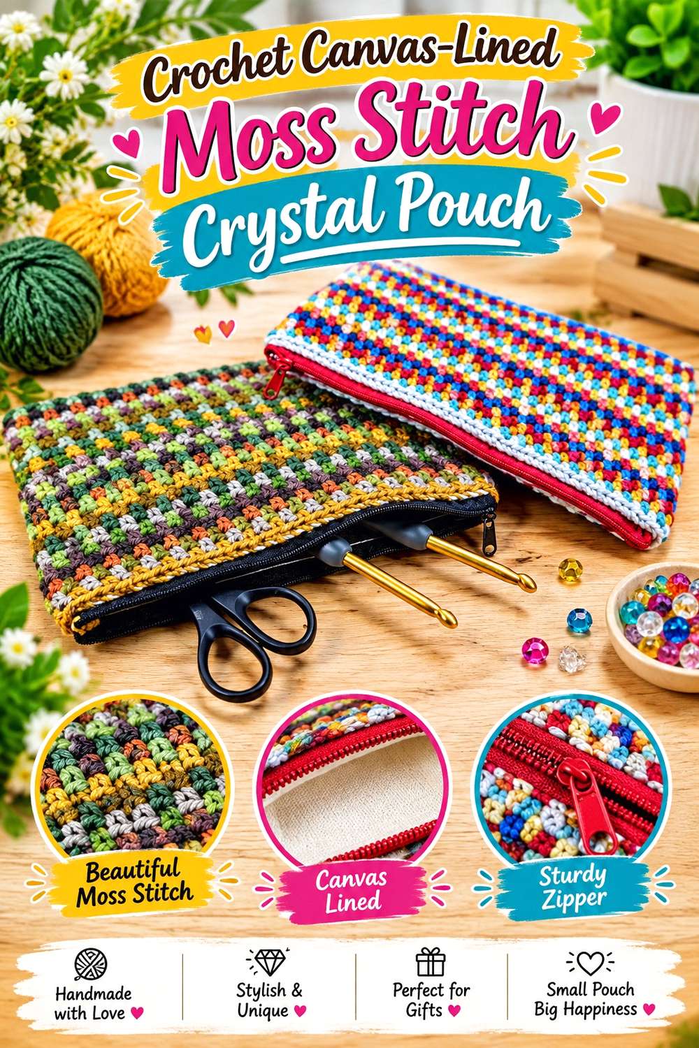 Crochet Canvas-Lined Moss Stitch Crystal Pouch