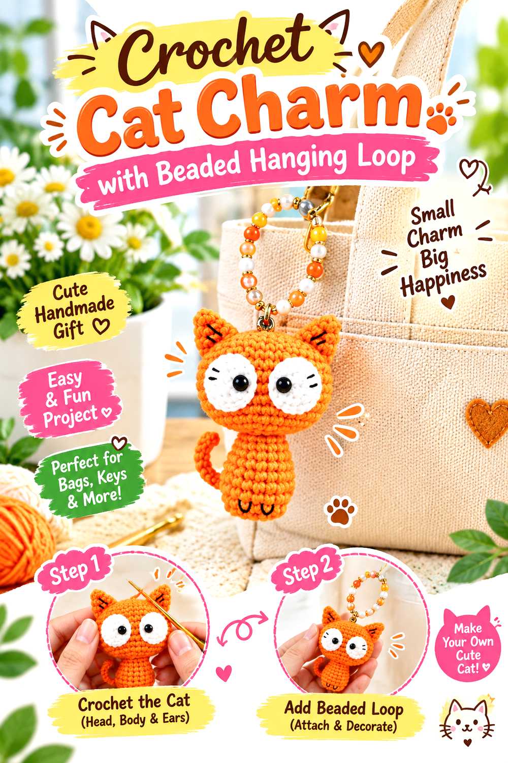 Crochet Cat Charm with Beaded Hanging Loop