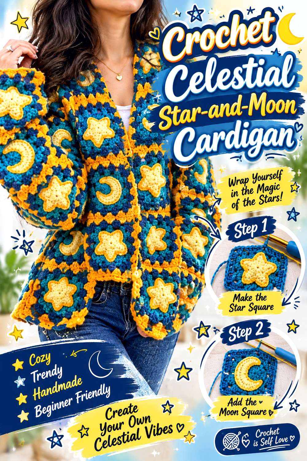 Crochet Celestial Star-and-Moon Cardigan