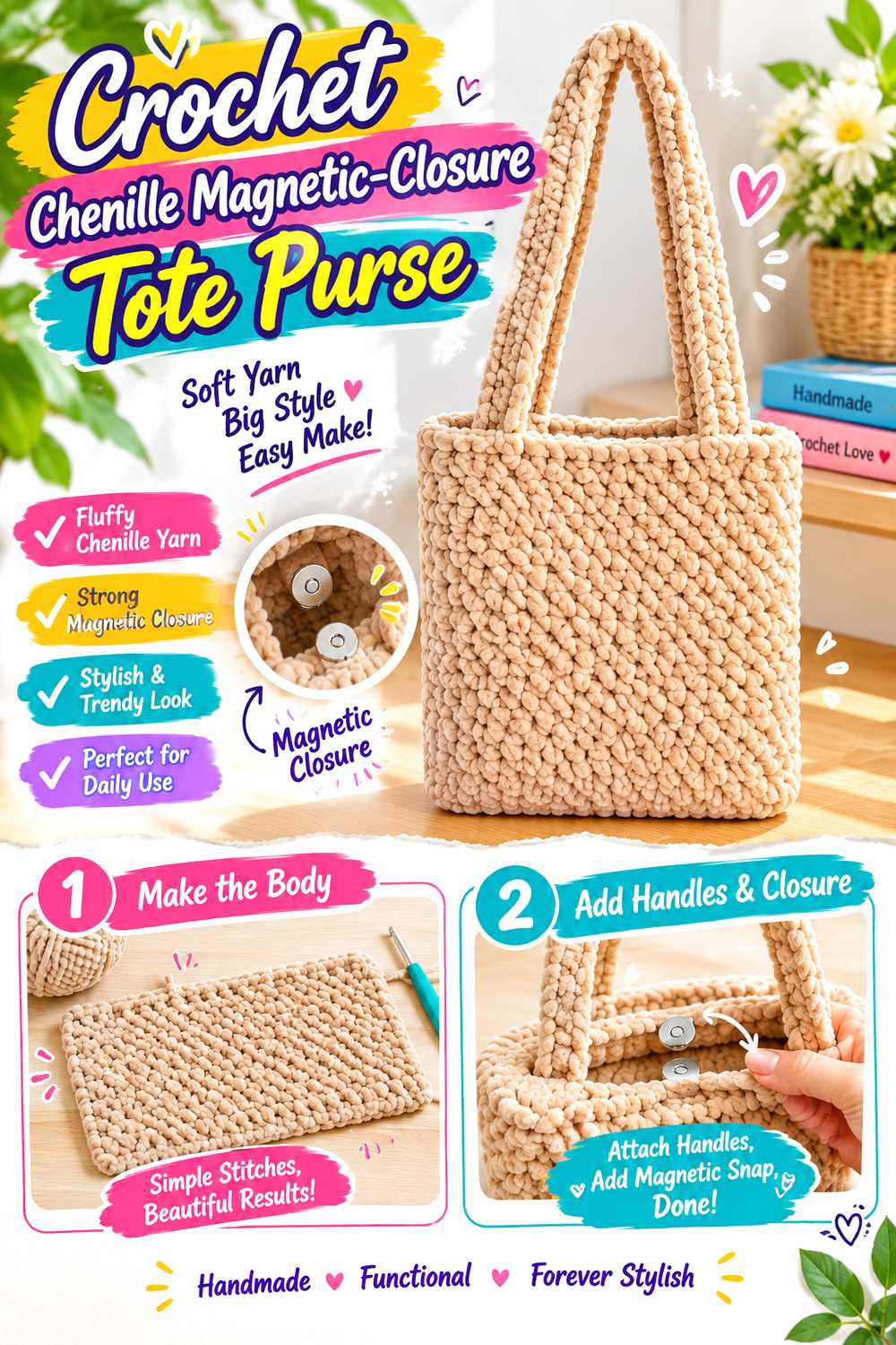 Crochet Chenille Magnetic Closure Tote Purse