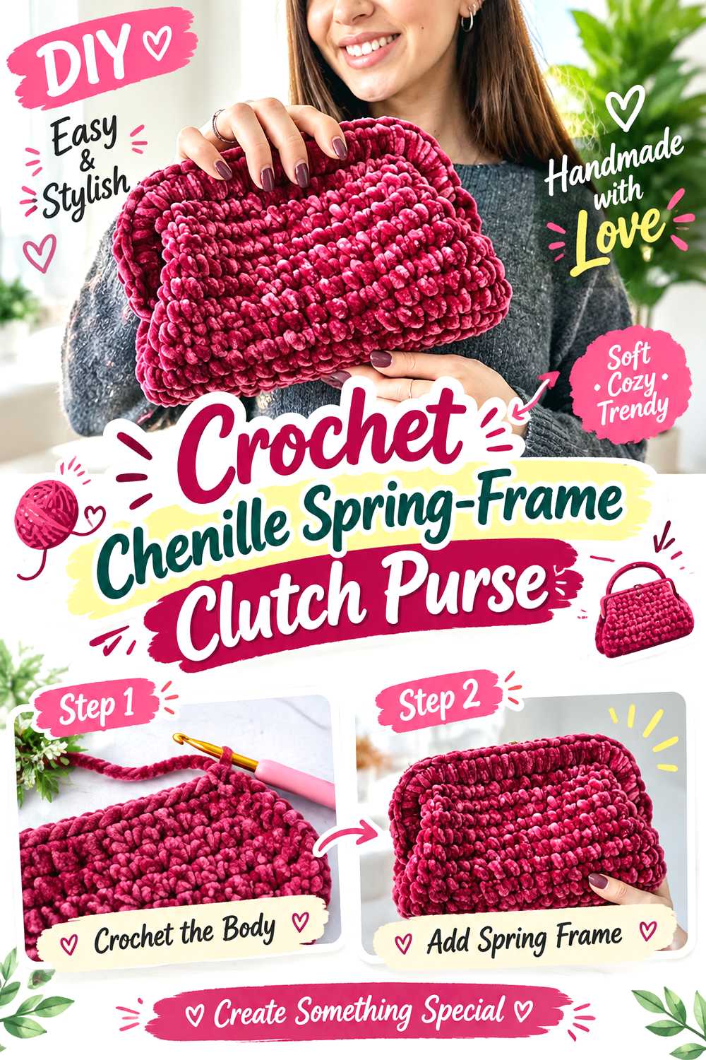 Crochet Chenille Spring Frame Clutch Purse
