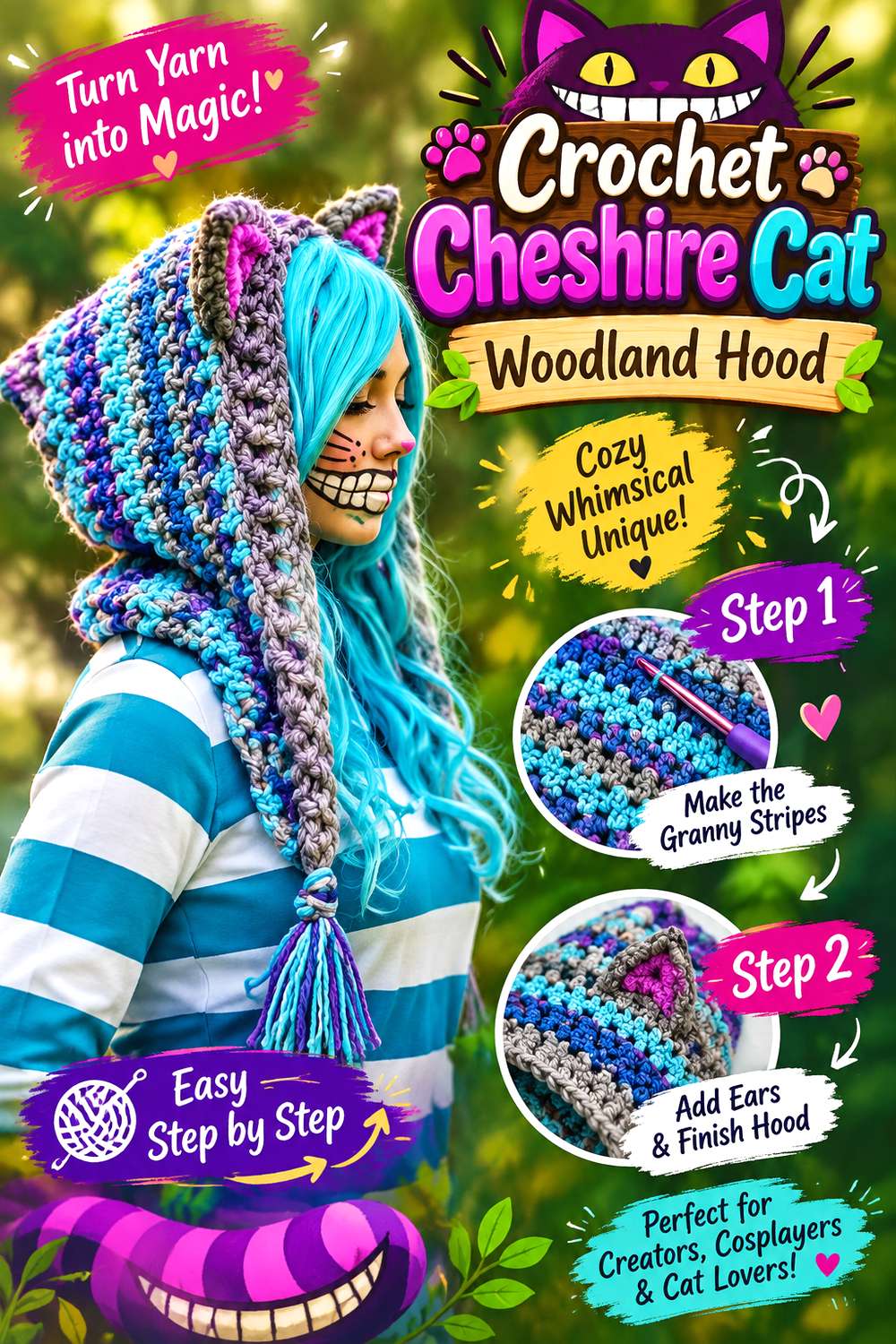Crochet Cheshire Cat Woodland Hood