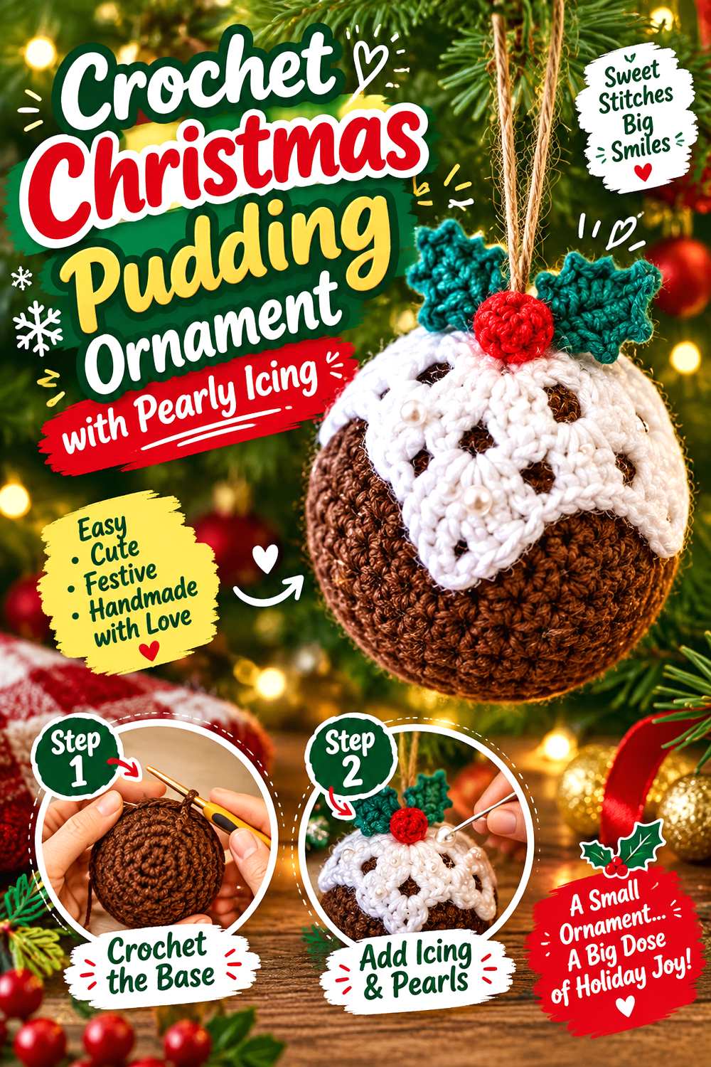 Crochet Christmas Pudding Ornament with Pearly Icing