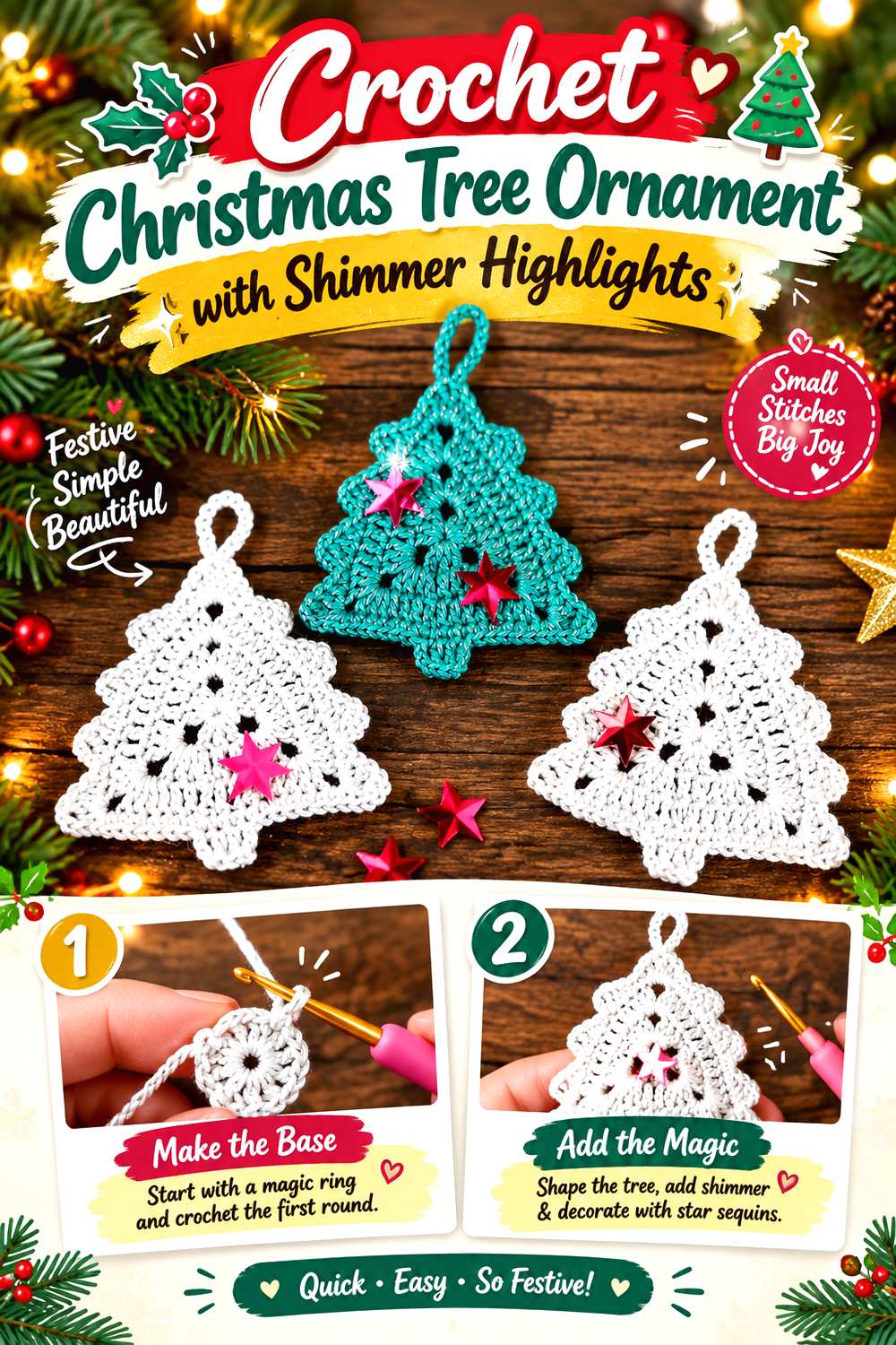 Crochet Christmas Tree Ornament with Shimmer Highlights