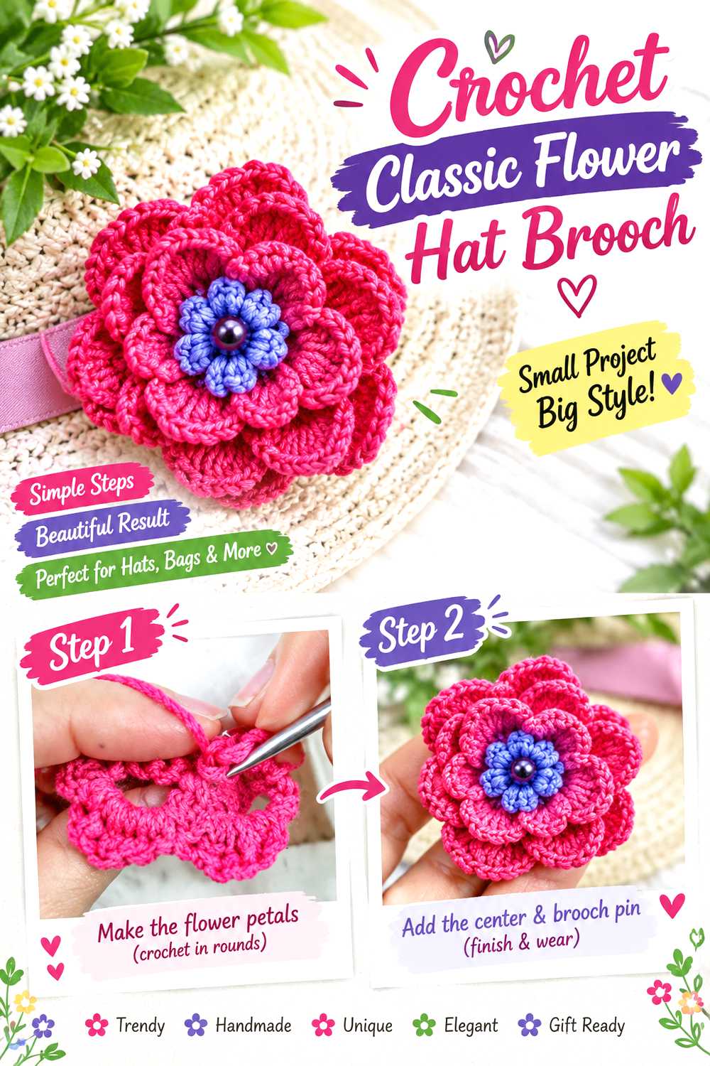 Crochet Classic Flower Hat Brooch