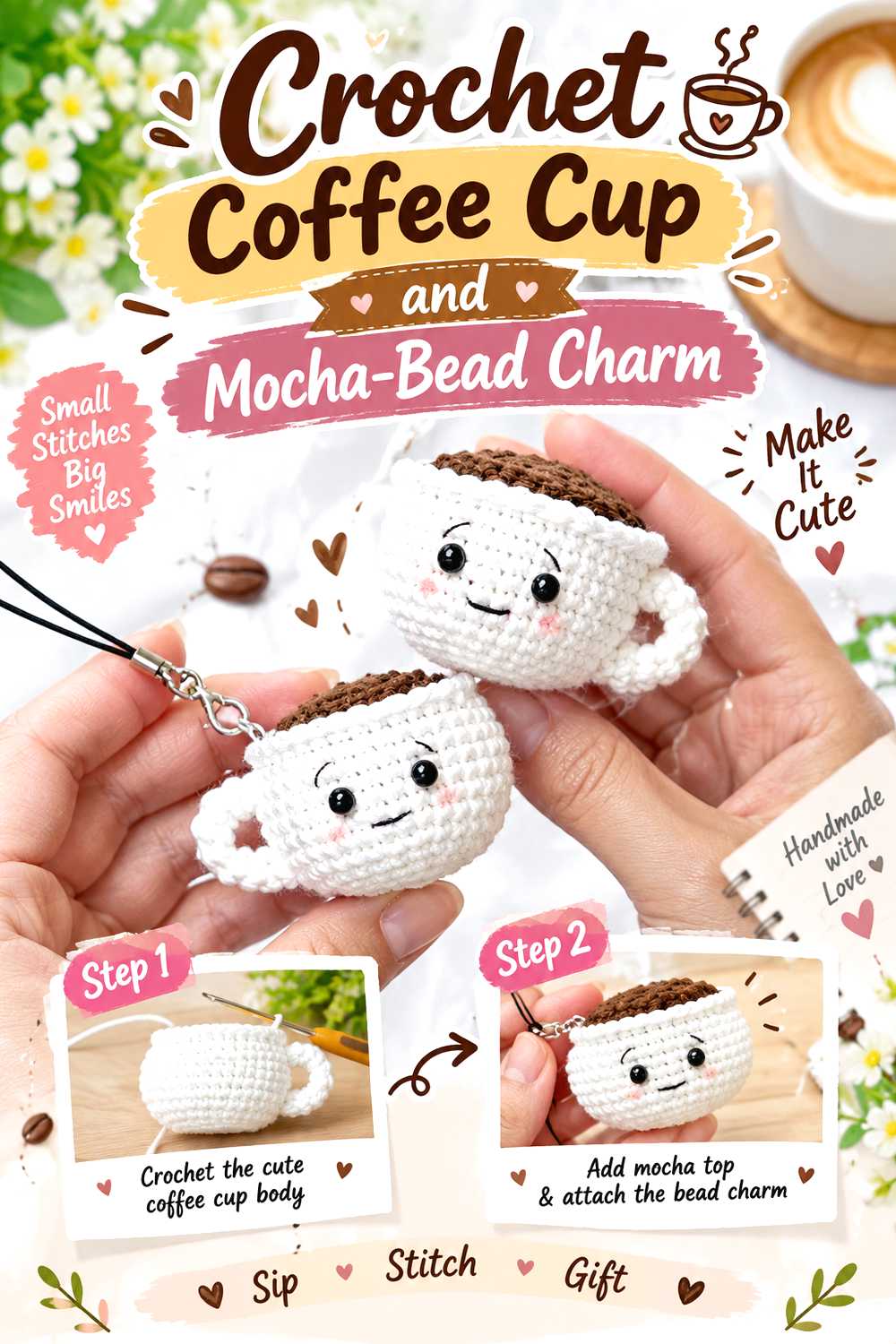 Crochet Coffee Cup and Mocha Bead Charm