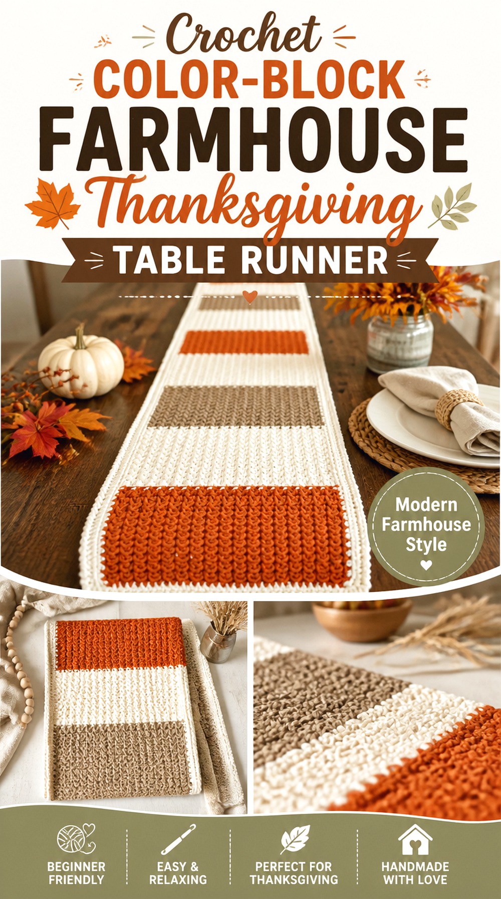 Crochet Color Block Farmhouse Thanksgiving Table Runner