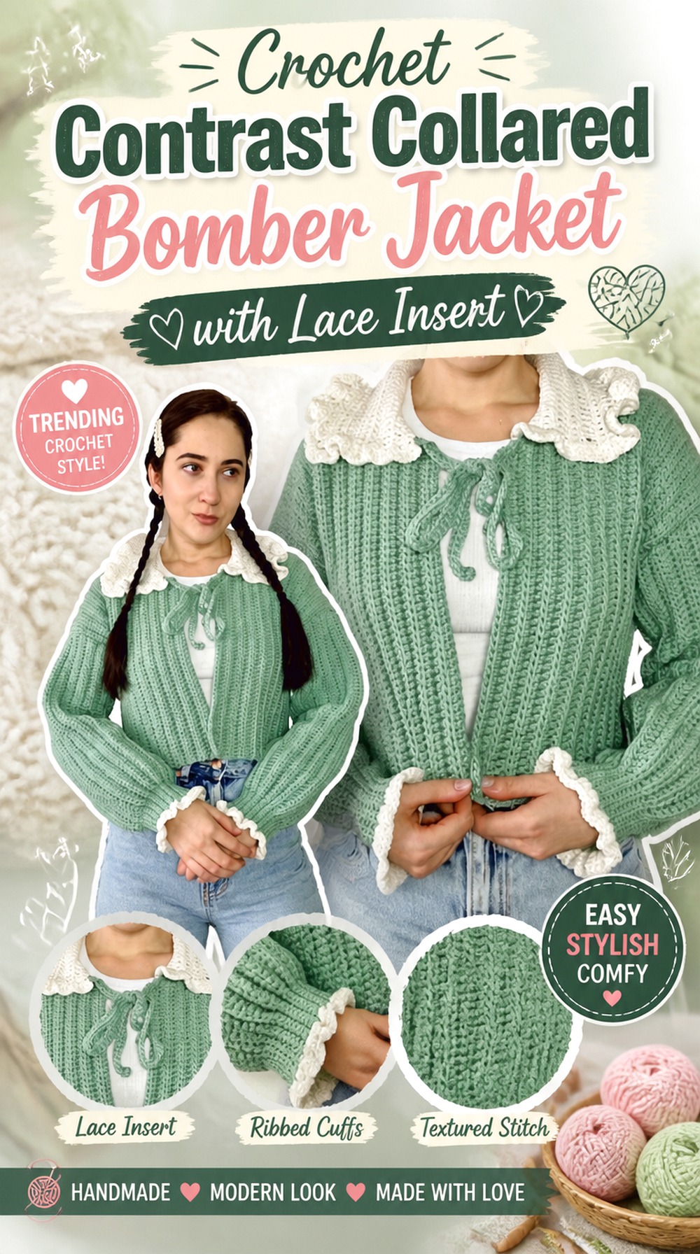 Crochet Contrast Collared Bomber Jacket with Lace Insert
