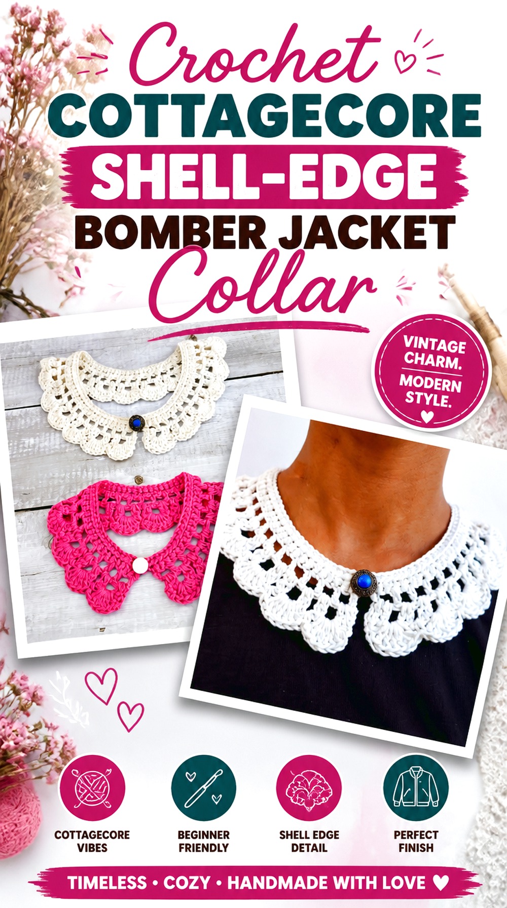 Crochet Cottagecore Shell Edge Bomber Jacket Collar
