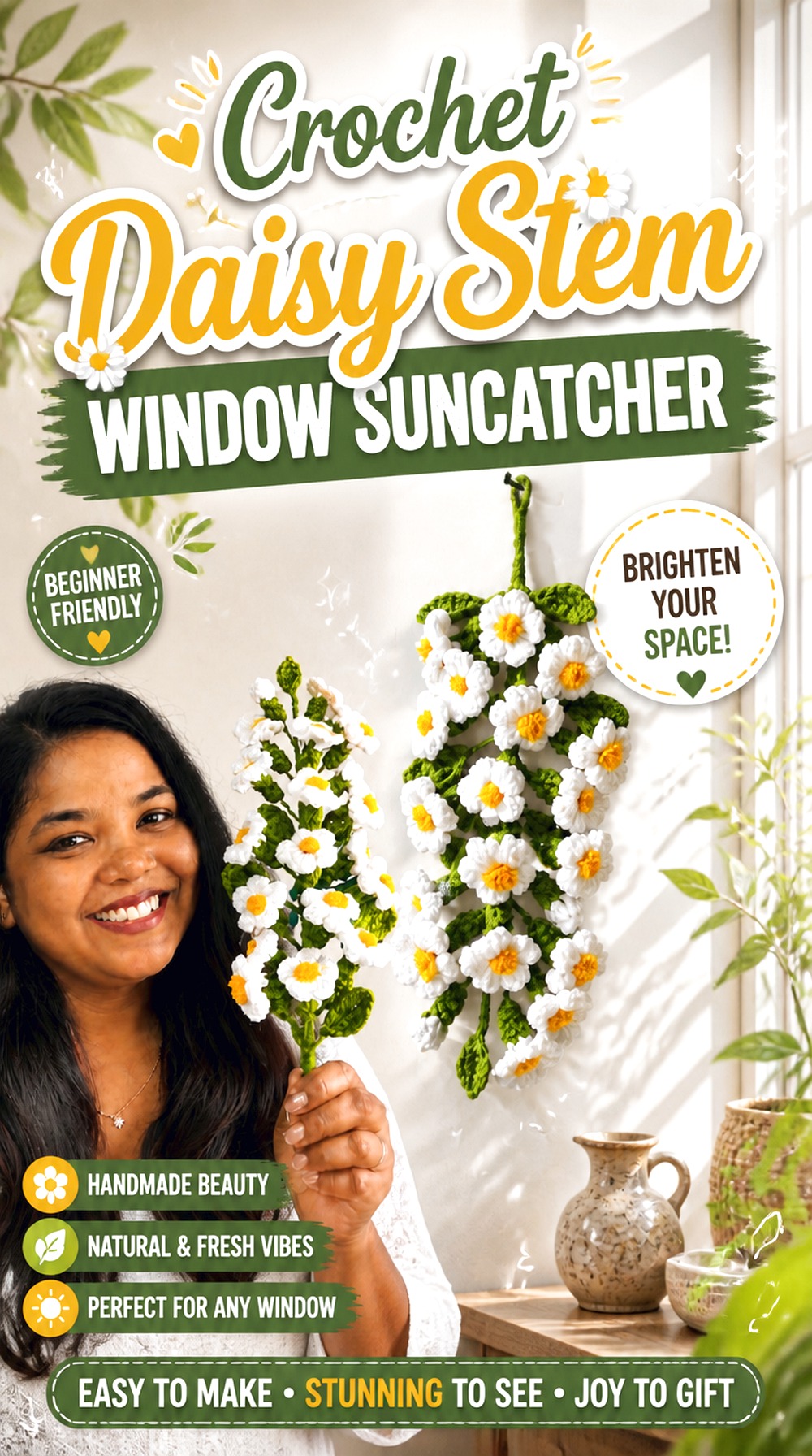 Crochet Daisy Stem Window Suncatcher