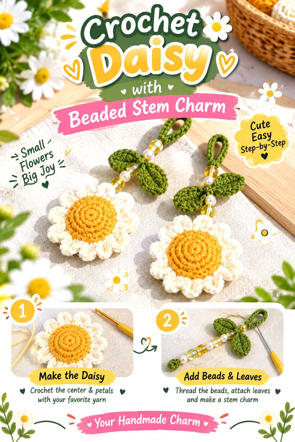 Crochet Daisy with Beaded Stem Charm