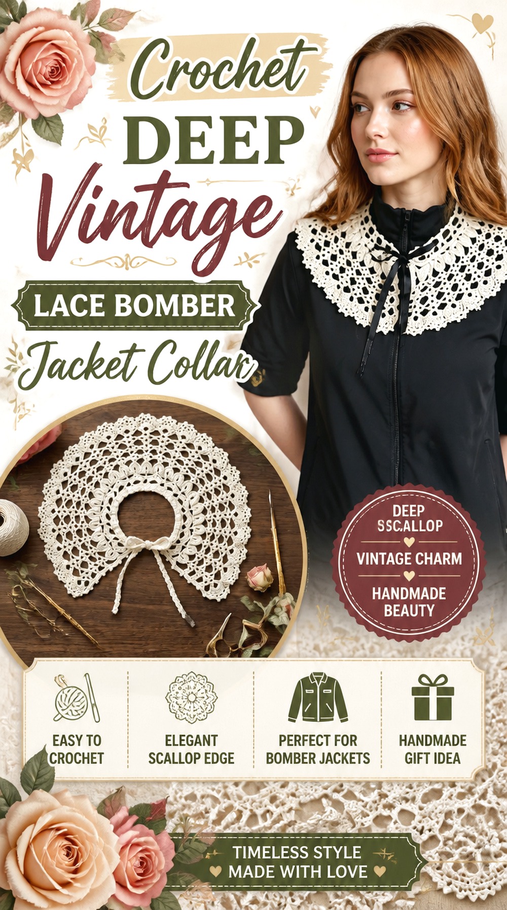 Crochet Deep Vintage Lace Bomber Jacket Collar