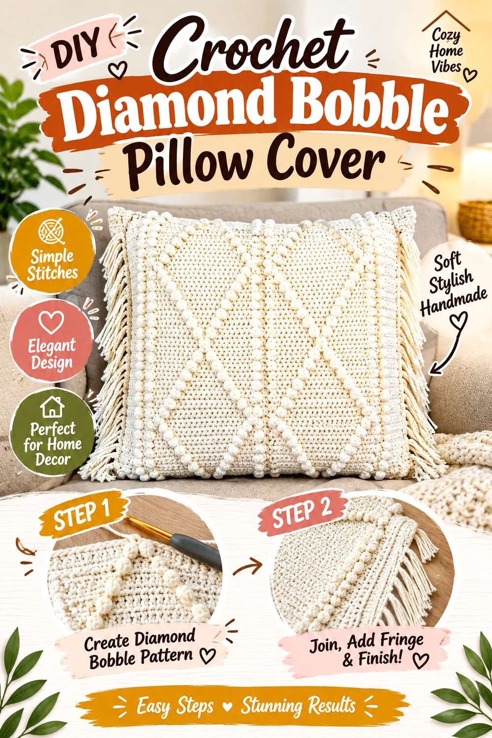 Crochet Diamond Bobble Pillow Cover
