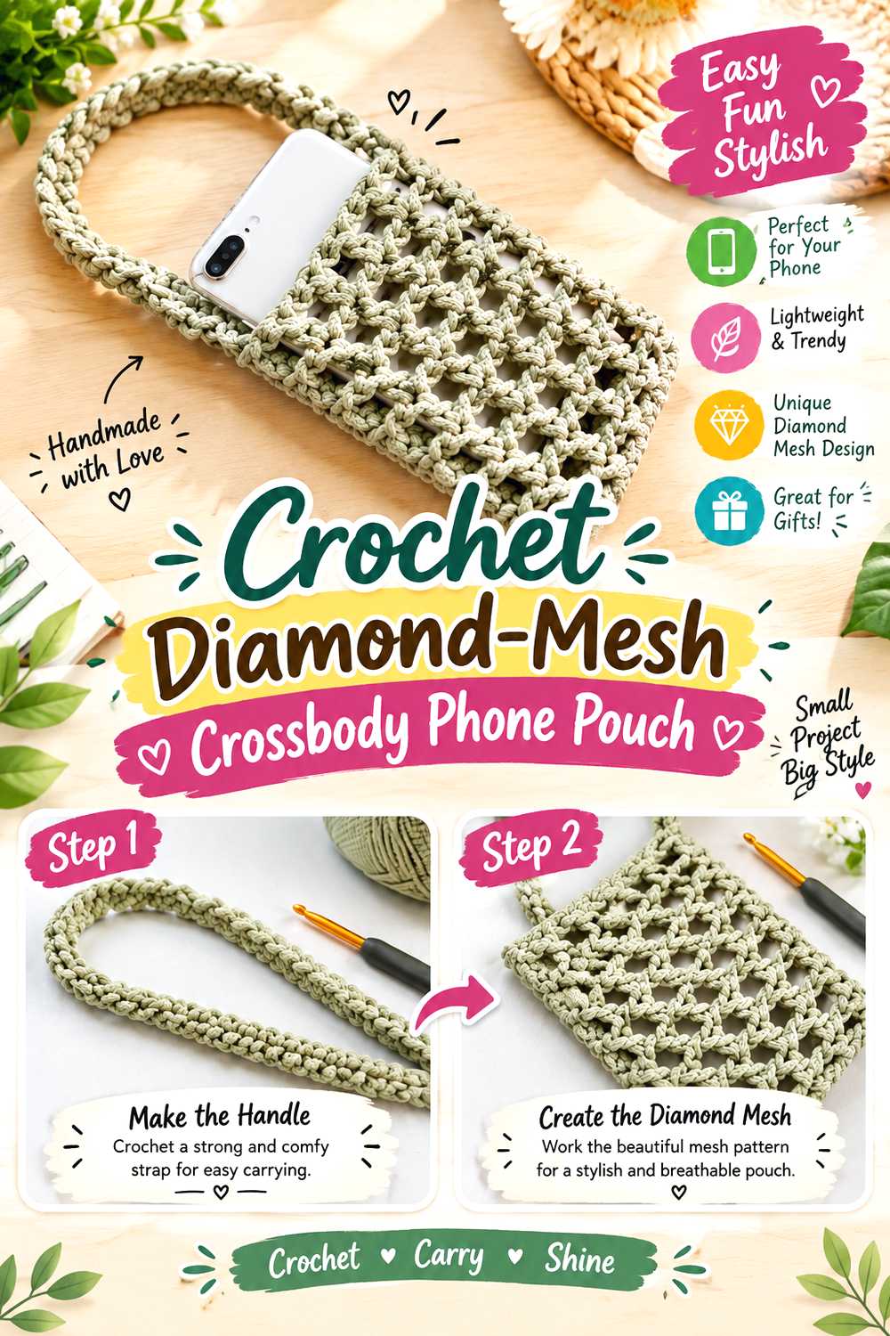 Crochet Diamond Mesh Crossbody Phone Pouch