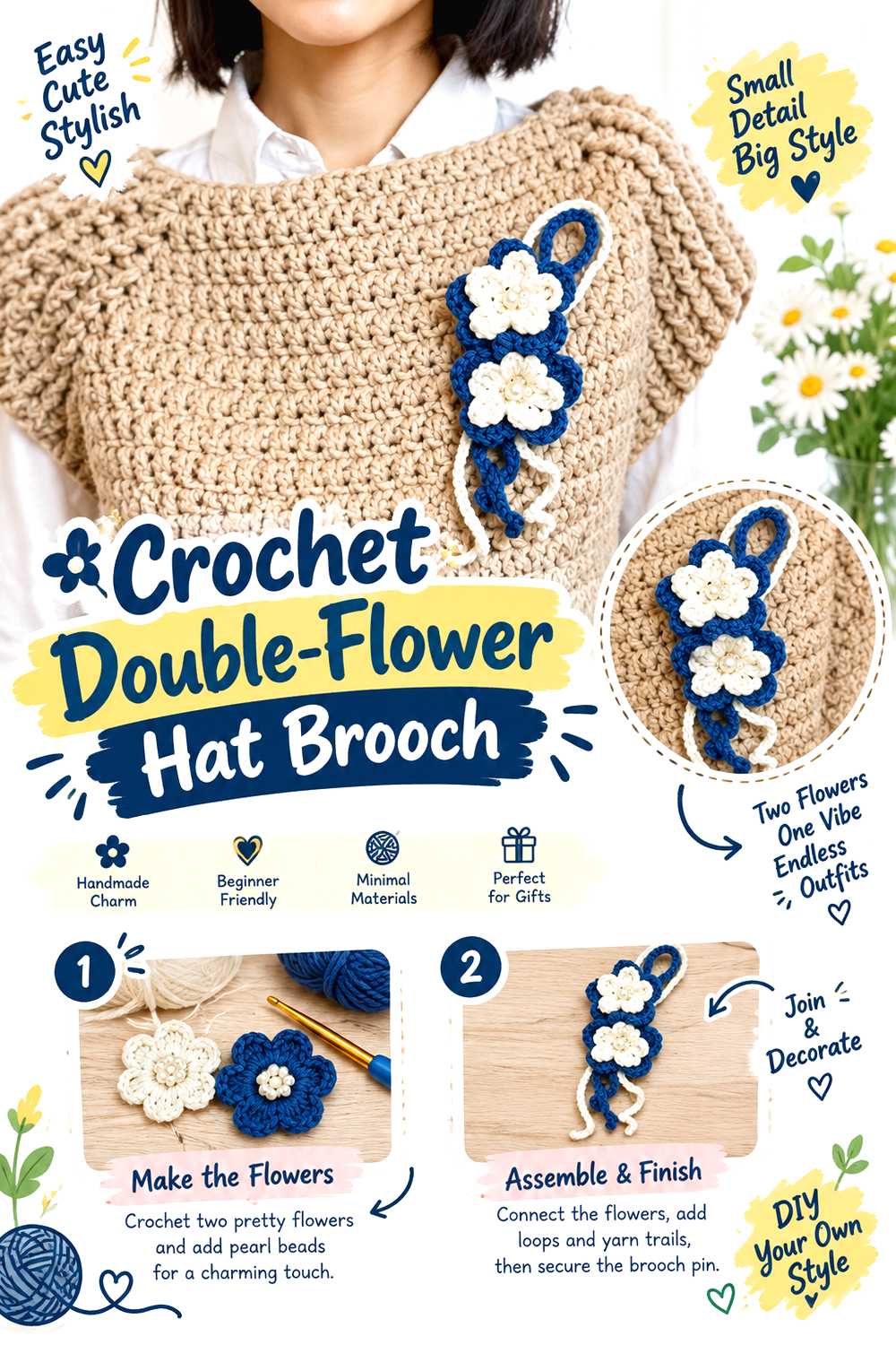 Crochet Double Flower Hat Brooch