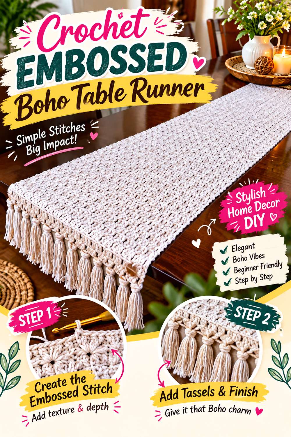 Crochet Embossed Boho Table Runner