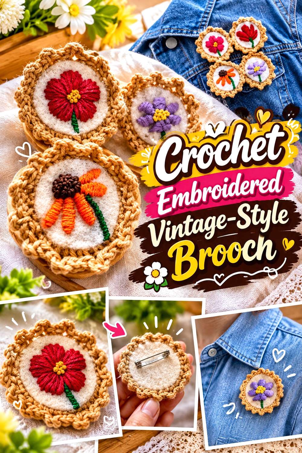 Crochet Embroidered Vintage-Style Brooch