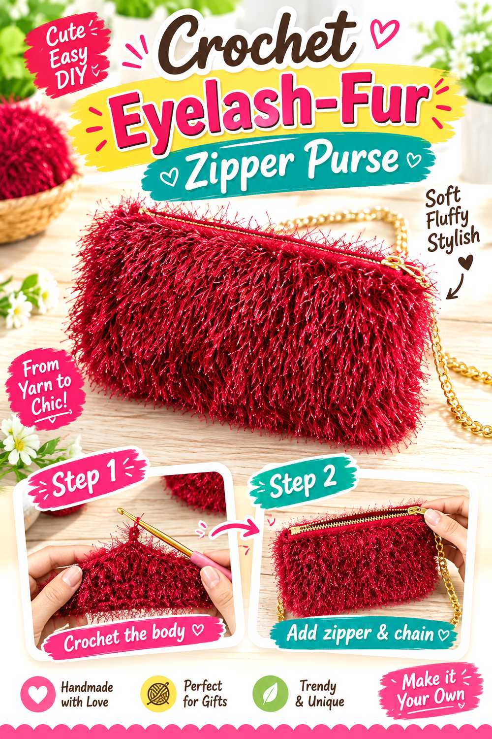 Crochet Eyelash Fur Zipper Purse