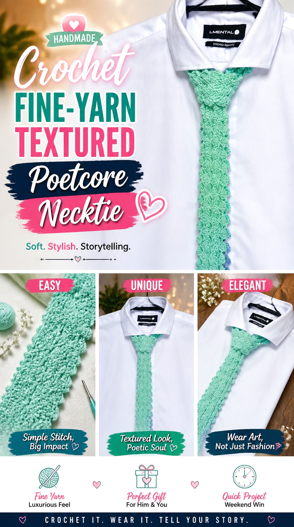 Crochet Fine Yarn Textured Poetcore Necktie
