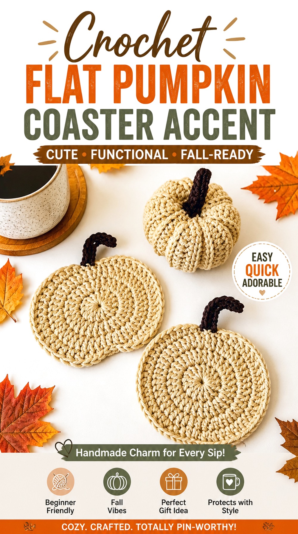 Crochet Flat Pumpkin Coaster Accent