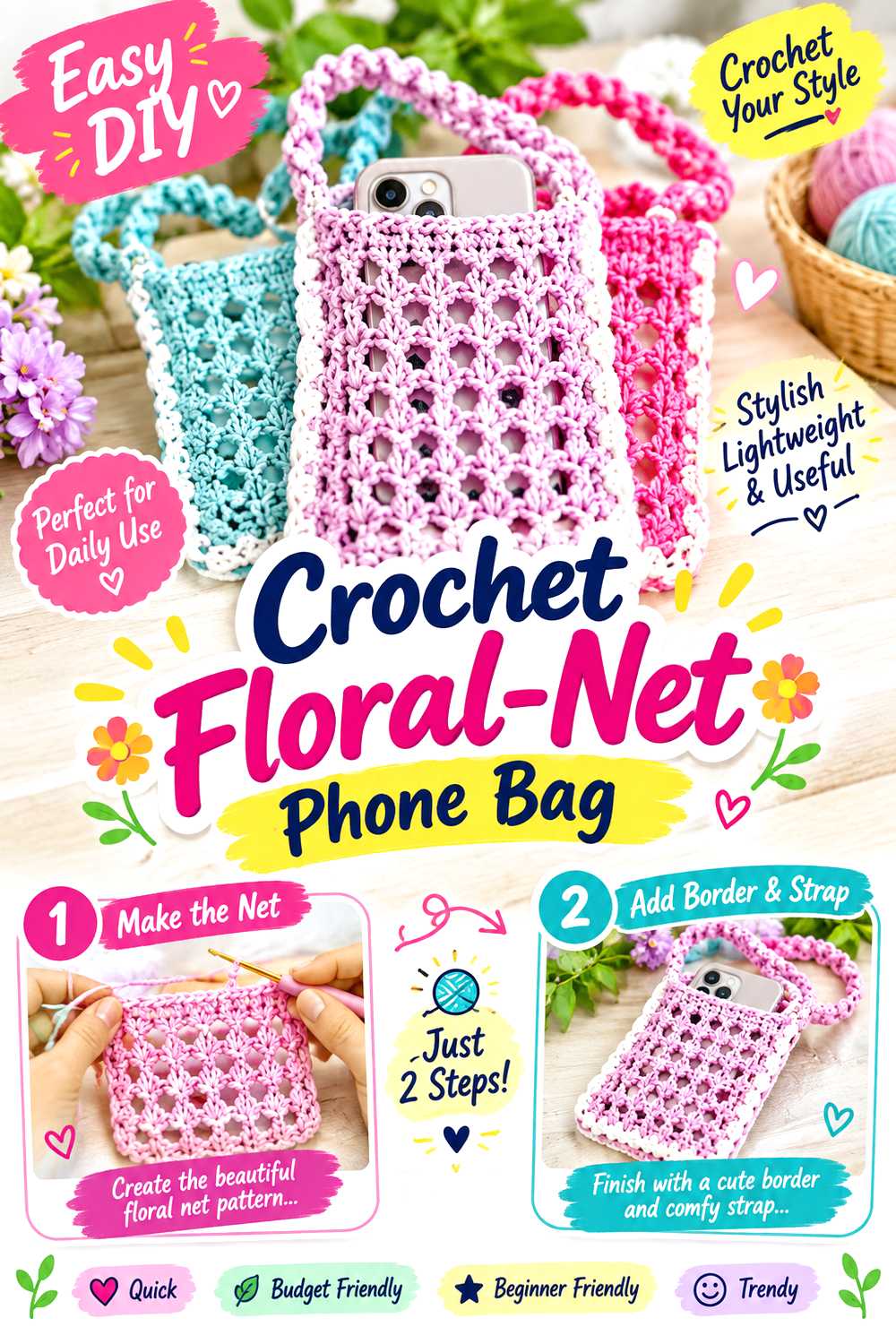Crochet Floral Net Phone Bag