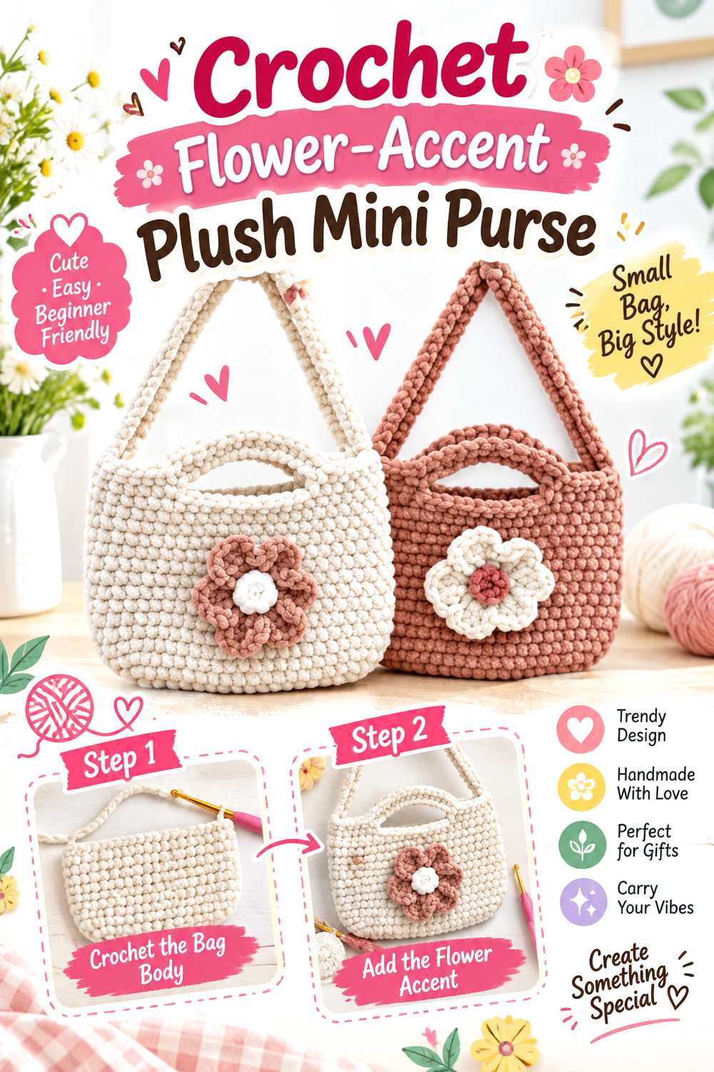 Crochet Flower Accent Plush Mini Purse