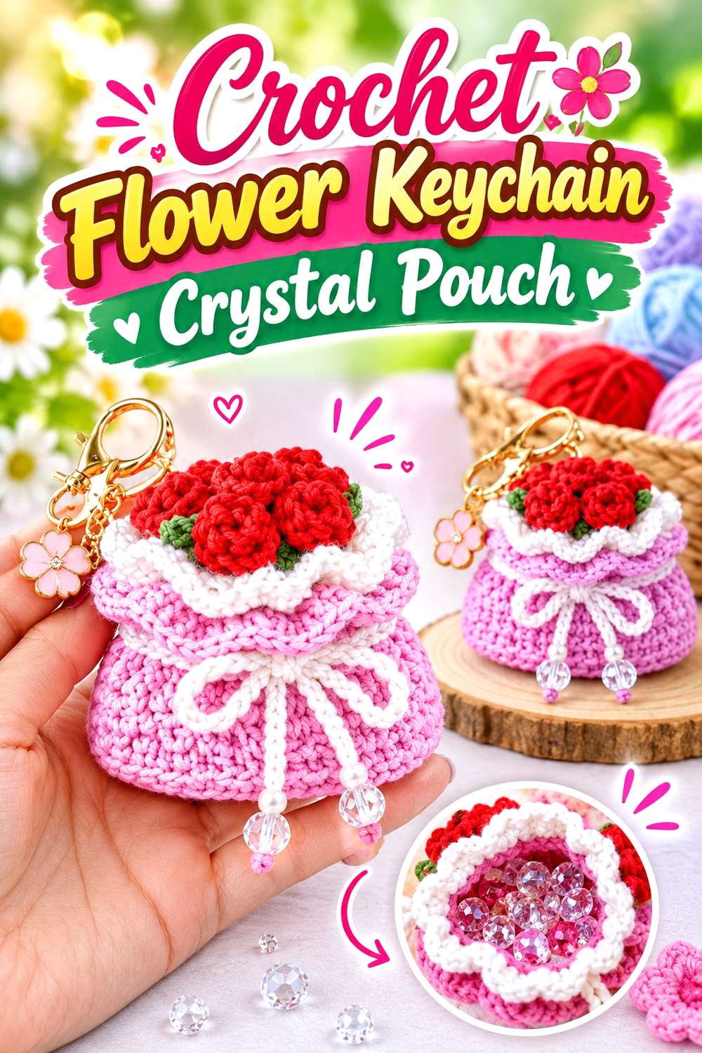 Crochet Flower Keychain Crystal Pouch