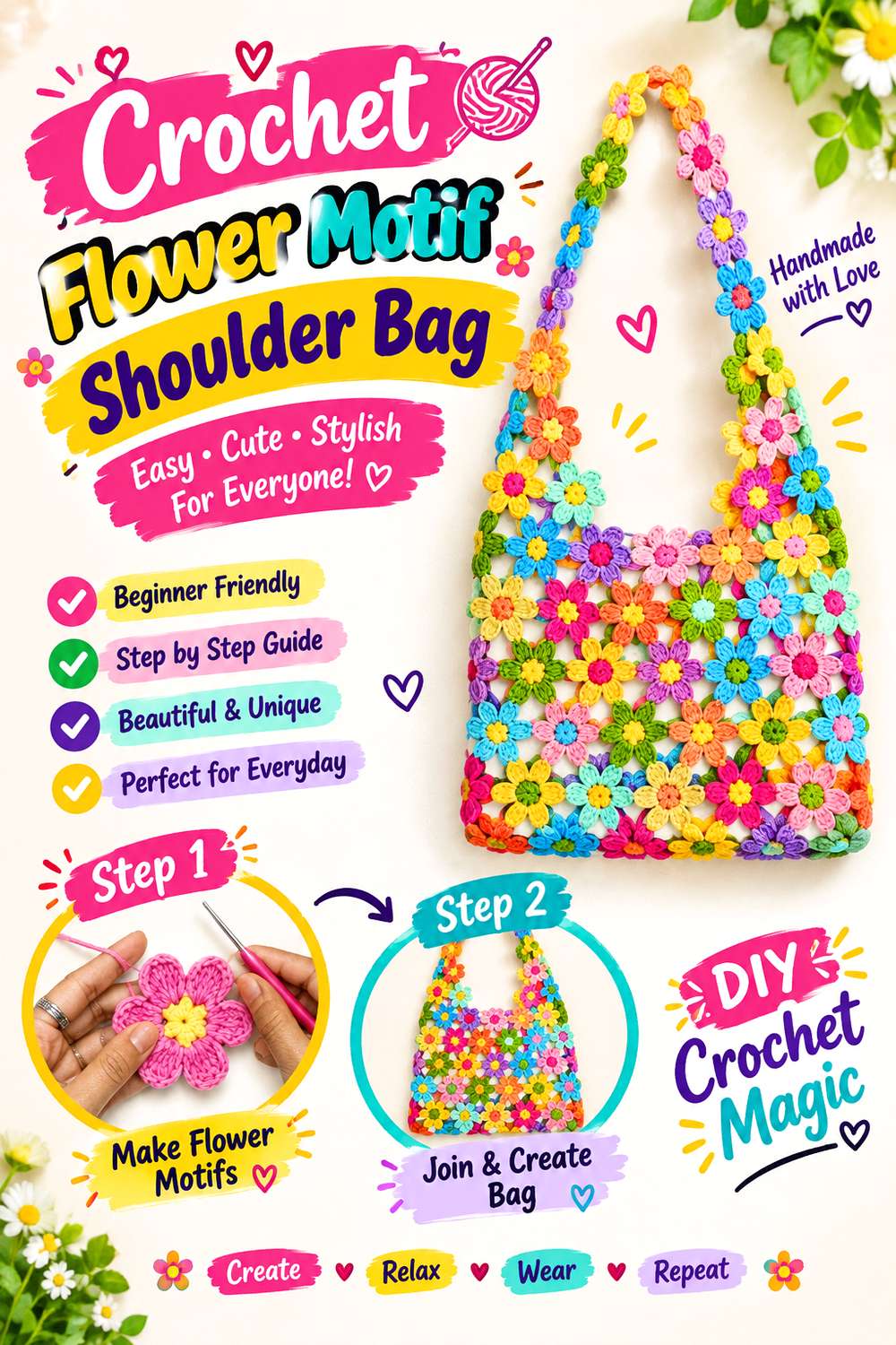Crochet Flower Motif Shoulder Bag