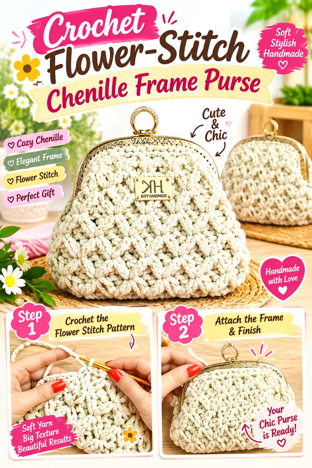 Crochet Flower Stitch Chenille Frame Purse