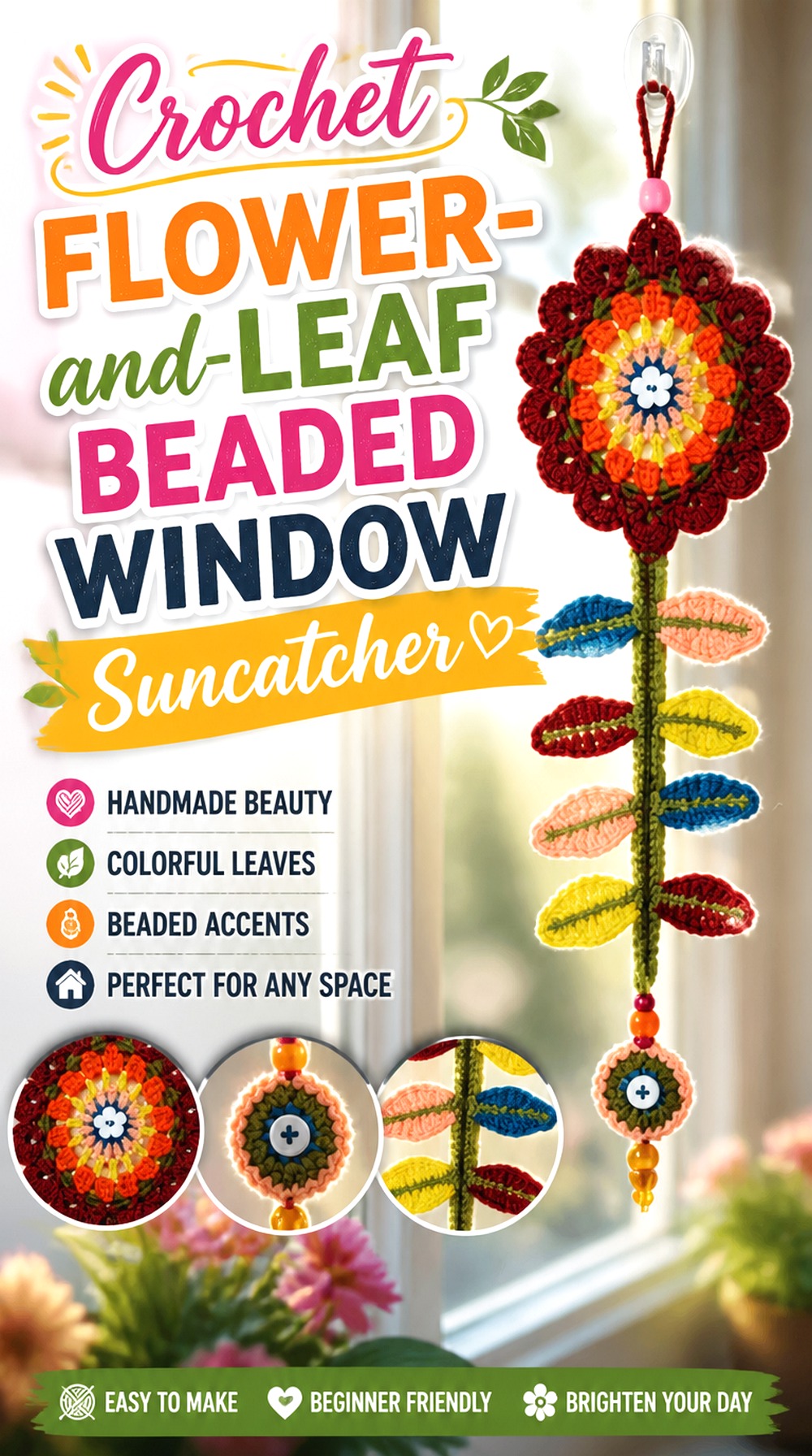 Crochet Flower and Leaf Beaded Window Suncatcher