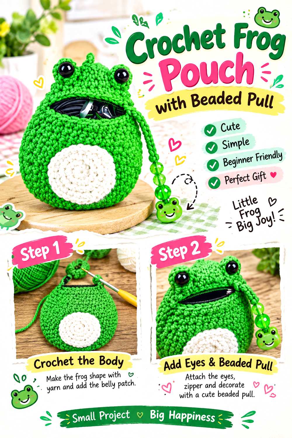 Crochet Frog Pouch with Beaded Pull