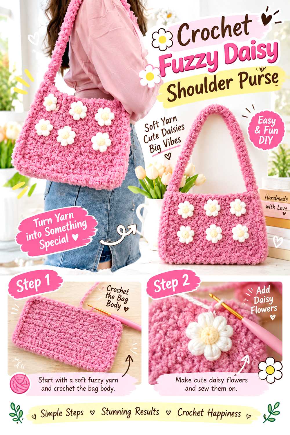 Crochet Fuzzy Daisy Shoulder Purse