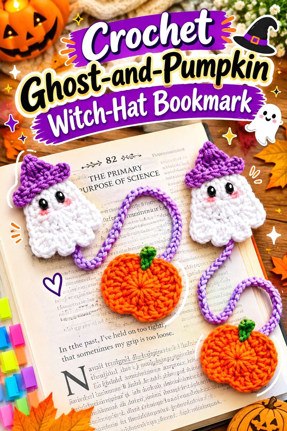 Crochet Ghost-and-Pumpkin Witch-Hat Bookmark