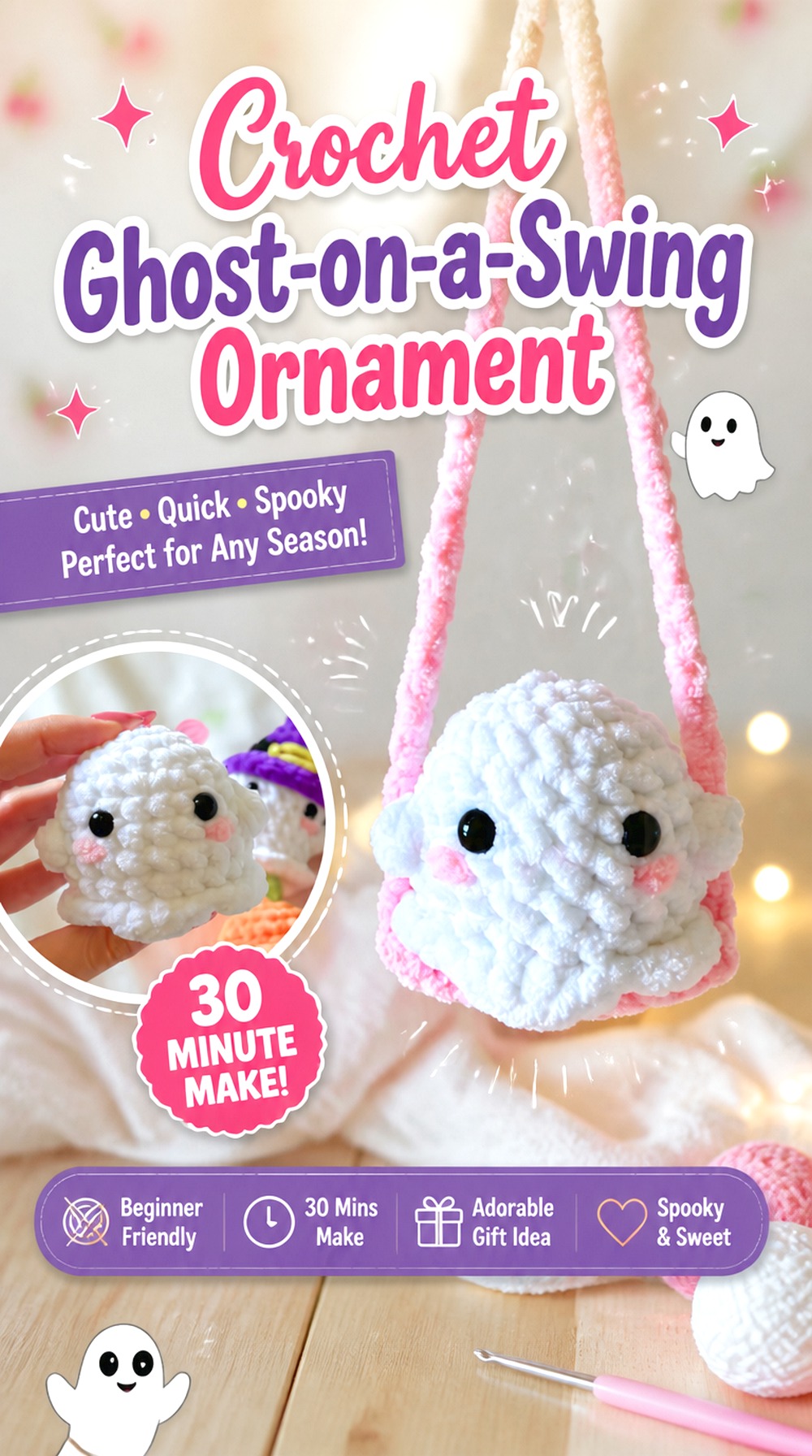 Crochet Ghost on a Swing Ornament