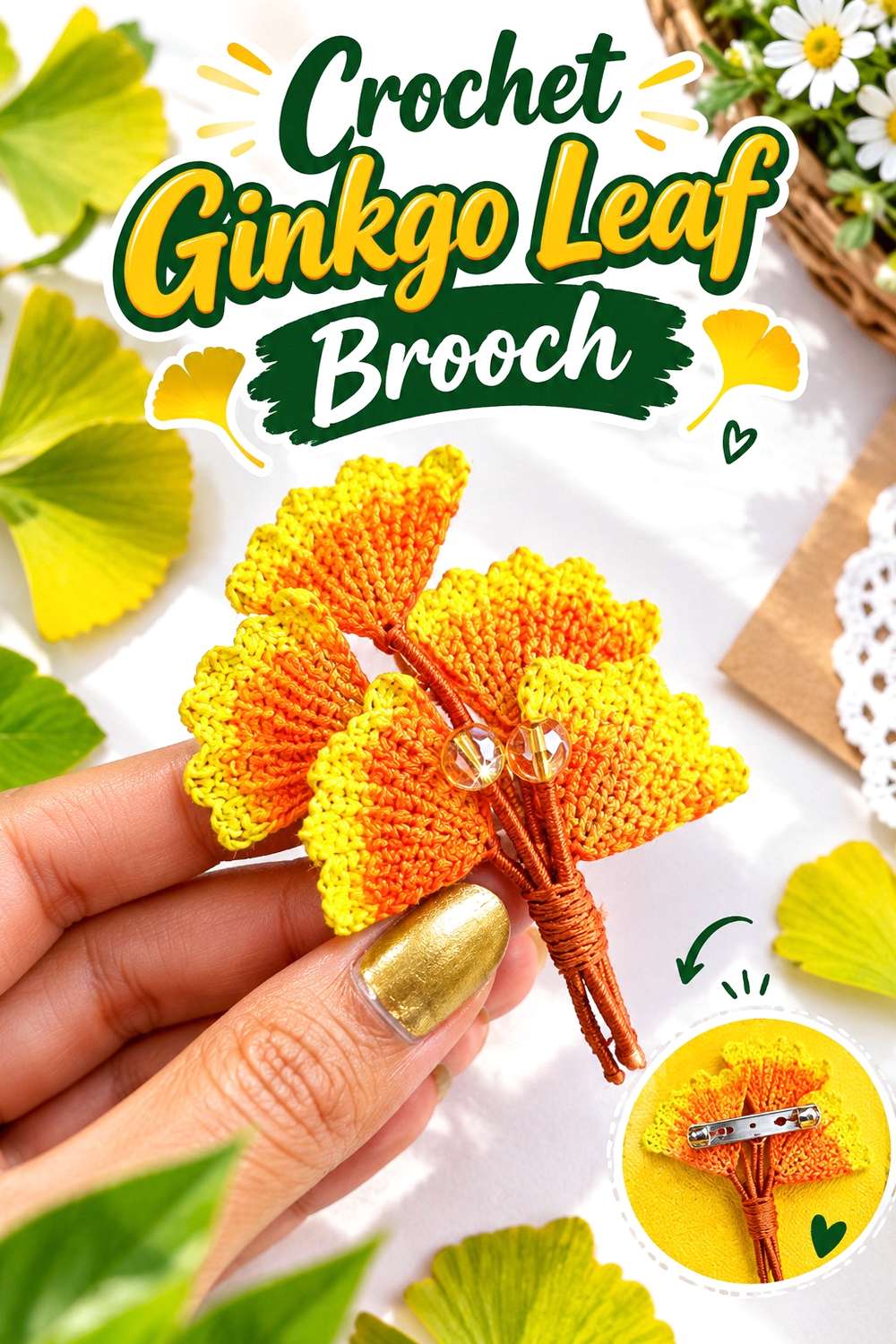 Crochet Ginkgo Leaf Brooch