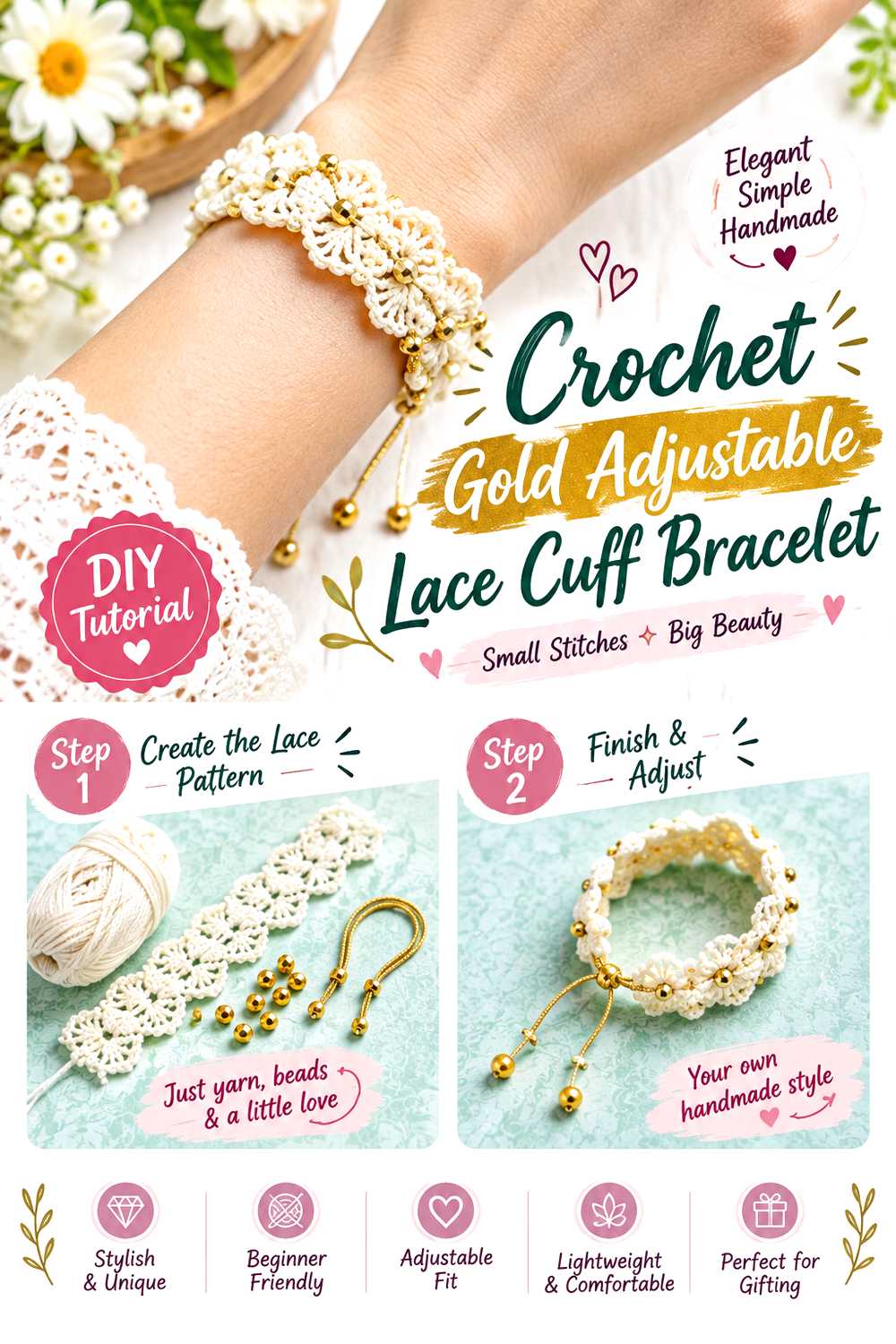Crochet Gold Adjustable Lace Cuff Bracelet