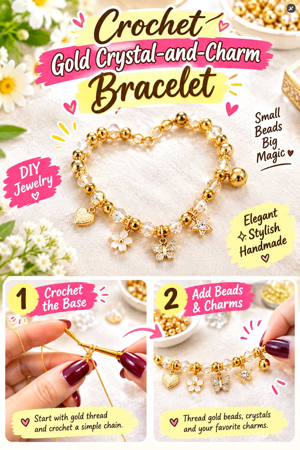 Crochet Gold Crystal and Charm Bracelet