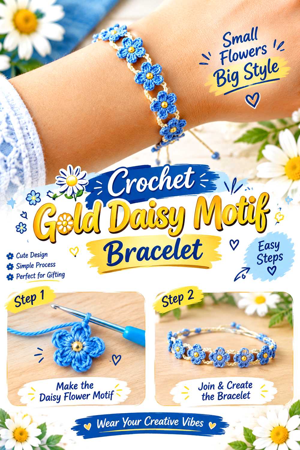 Crochet Gold Daisy Motif Bracelet