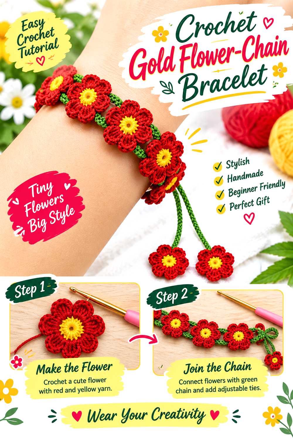 Crochet Gold Flower Chain Bracelet